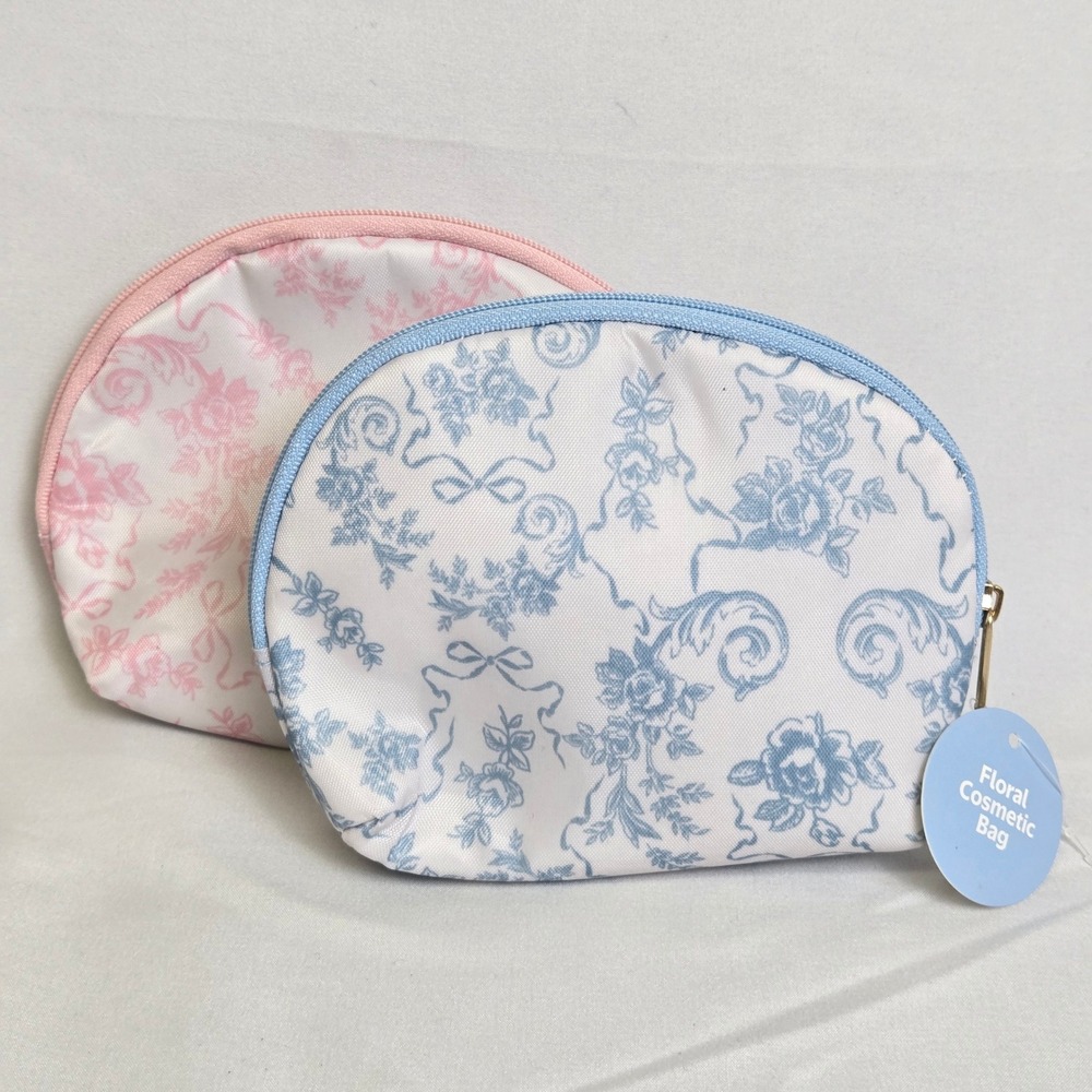 Set of 2 Floral Travel Cosmetic Zipper Pouches White Blue Pink 5.5" x 4.5" New